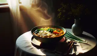 A steaming bowl of vibrant Vegan Japanese Curry Udon with green onions and sesame seeds, elegantly presented on a simple table.