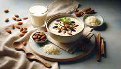 Image of a minimalist table setting featuring a vegan Asian-inspired dish: a bowl of spiced coconut milk over crispy jasmine rice, topped with almonds, raisins, and mint. Beside it, a creamy almond milk smoothie. Vibrant colors and soft lighting enhance the inviting, clutter-free presentation.