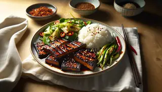 Plate of smoky Asian BBQ tempeh with glossy soy-hoisin glaze, served with jasmine rice and green salad, on a simple table under natural light.
