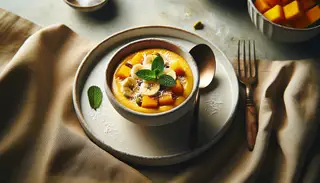 African-inspired vegan dessert: Creamy blend of ripe bananas, pineapple, and mango infused with warm spices, topped with shredded coconut and mint.