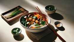 Asian vegan meal in a white bowl with tofu, mushrooms, carrots, spinach, garnished with cilantro and sesame seeds, beside chopsticks on a minimalistic table.
