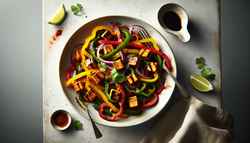 Vibrant vegan snack of sliced bell peppers, tempeh, and red onions, seasoned and glazed, served in a simple elegant bowl on a neutral table.