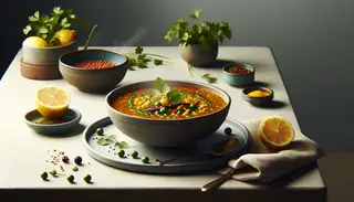 Steaming bowl of Spicy Sorghum and Vegetable Soup, garnished with fresh coriander, a side slice of lemon, on a minimalistic, neutral-toned table.