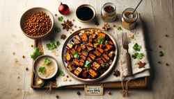 Holiday feast table with Spicy Maple-Miso BBQ Tempeh garnished with cilantro and sesame seeds, subtle festive decor.