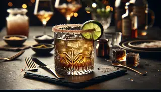 Imagine an elegantly set dining table, the centerpiece being a glass filled with a captivating cocktail. The drink showcases the smoky allure of mezcal, intertwining gracefully with tart lime juice and the soft sweetness of agave syrup. A sprinkle of bitters adds layers and intricacy to this tantalizing beverage. The glass's edge is encrusted with smoked salt, amplifying the smoky sensation. Glistening ice cubes keep the cocktail enticingly chilled. A wedge of fresh lime rests on the glass rim, ready to infuse its zest upon squeezing. Envision taking slow, appreciative sips of this smoky potion, each mouthful awakening your senses with its remarkable flavor profile. This cocktail symbolizes a remarkable mixology achievement that's bound to impress your guests, its intriguing aroma and stunning presentation transporting you to a moment of sheer delight.