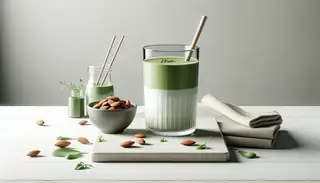 Vibrant green matcha almond smoothie in minimalist setting, ready to enjoy, no humans present
