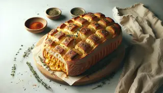 Golden, crispy artisanal vegan smoked 'cheese' bread on a minimalist table, sprinkled with fresh herbs.