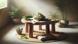 A creamy vegan Asian-inspired risotto with shiitake mushrooms, red bell pepper, and lime, garnished with fresh cilantro, served on a minimalist table in a serene setting.