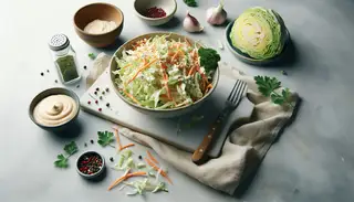 Silky vegan coleslaw with shredded cabbage and carrots, dressed in tangy vegan mayo, presented beautifully on a clean table.