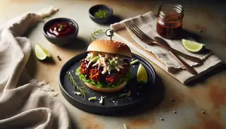 Vegan BBQ jackfruit slider with tangy sauce and creamy coleslaw, neatly arranged on a minimalistic table setting.