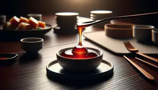A small dish of luscious, thick sweet sauce on a clean table, capturing its texture and rich color as the focal point.