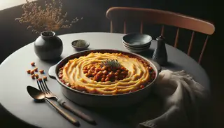 High-resolution image of Vegan Asian BBQ Shepherd's Pie in a round dish on a simple table, featuring crisped sweet potato topping and subtle table decor. Warm, cozy lighting enhances the inviting scene.