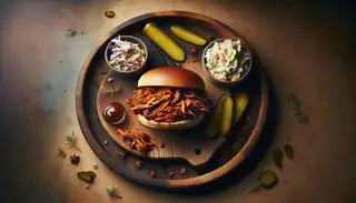 Image of a vegan barbecue with a Vegan Pulled Pork Jackfruit Sandwich, vegan coleslaw, and green pickles on a wooden table, highlighted by warm, inviting lighting.