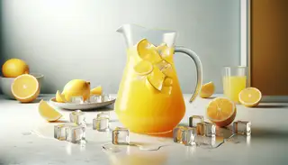 Freshly squeezed lemon and orange juice blend together in a vibrant, zesty drink, surrounded by shimmering ice cubes for a cool, invigorating sip.