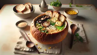 Vegan ramen served in a hollowed bread bowl, featuring shiitake mushrooms, tofu, and veggies, with chopsticks and spoon on a simple table in natural light.