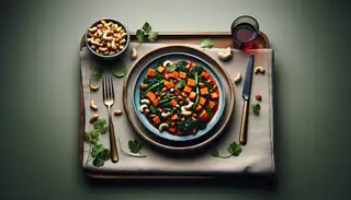 A vibrant, single-serving 'Nutty Vegan Feast' with roasted peanuts, cashews, sweet potatoes, and spinach in a spicy tomato sauce, garnished with fresh coriander on a simple table.