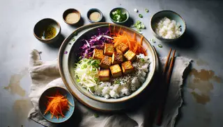Image of a minimalist Asian-inspired crispy tofu bowl under natural light. Features golden tofu on jasmine rice, with purple cabbage, carrots, green onions, and sesame seeds.
