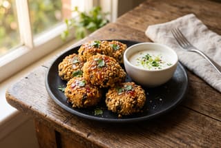 Golden-brown cassava and njahi bean croquettes with a peanut crust on a clay plate next to a white bowl of coconut dip.