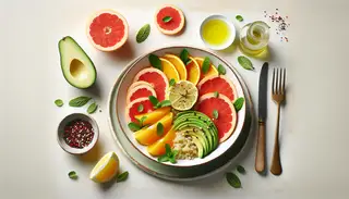 A vibrant citrusy vegan lunch spread with grapefruit, orange, avocado, quinoa, mint, olive oil, salt, and pepper on a clean table setting.
