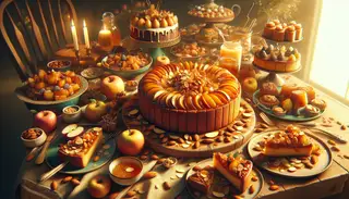 Visualize a warm and inviting dessert table laden with tempting vegan treats. Dominating the center of the table is a stunning platter of 'Toasty Apple Almond Dessert.' The scent of caramelized apples and toasted almonds wafts through the air, tempting you to indulge in the heavenly dessert. The golden vegan bread slices topped with succulent caramelized apples and a layer of toasted almonds allure your senses. The inviting hues exuding warmth and comfort set a welcoming atmosphere. The table also hosts a variety of other delightful vegan desserts, signifying the culinary artistry: decadent chocolate cakes, fruity tarts, and more. These views encapsulate the uniqueness of the dessert table's culinary offerings, a combination of traditional methods and innovative ingredients, all celebrating the diversity of plant-based delights. Picture yourself diving into this appetizing 'Toasty Apple Almond Dessert,' savoring every morsel of its delicate flavours and rich textures. Let your imagination run wild, taking you to this picturesque dessert table where the 'Toasty Apple Almond Dessert' shines as the centerpiece.