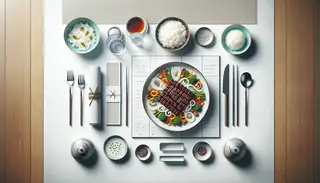 Artistic vegan Korean Bulgogi dish centerpiece on a minimalistic dinner table with steamed rice and elegant garnishes.