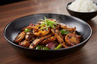 Sizzling vegan King Oyster mushroom and seitan stir-fry in a glossy black pepper sauce, served in a dark ceramic bowl with steaming jasmine rice.