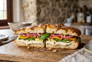 Pickled Garden Schiacciata with Whipped Cannellini & Walnut Crumble Golden vegan schiacciata sandwich filled with colorful pickled vegetables and white bean spread on a rustic wooden table.