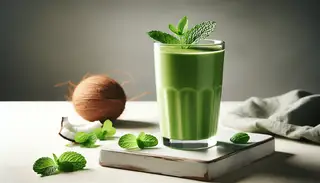 Vegan Matcha Coconut Smoothie in a clear glass, topped with mint leaves on a clean table, under soft natural light with a neutral background.