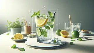 A deliciously zesty non-alcoholic drink served in a glass filled with sparkling water, lemon, lime, and simple syrup, garnished with mint leaves.