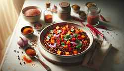 Vegan meal with red lentils, sweet potatoes, and spices, garnished with cilantro on a simple table setting.