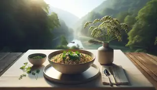 A serene breakfast setting outdoors featuring a table with vegan savory sorghum porridge in an artistic bowl, garnished with parsley and coriander, beside a vase with a single bloom, under natural sunlight.