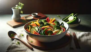 Steamed vegetables in a white bowl on a wooden table, garnished with sesame seeds and cilantro, highlighted by natural lighting.