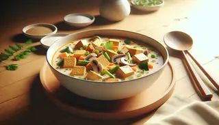 Vegan Asian stew in an elegant bowl on a wooden table, featuring tofu, mushrooms, carrots in coconut broth, garnished with green onions and cilantro.
