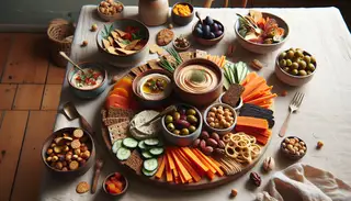 Vegan charcuterie platter with teff crackers, chickpea dip, marinated olives, smoked carrot 'salmon', cashew cheese, hummus, fresh veggies, dried fruits, and nuts on a minimalist table.