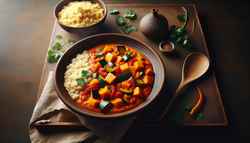 Vibrant vegan African pumpkin stew in a clay bowl with millet, garnished with cilantro, on a dark wood table, warmly lit with a small vase nearby.