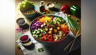 Vibrant Asian fusion vegan bowl with brown rice, colorful vegetables, golden tofu, and fresh garnishes, highlighted by warm, inviting lighting.