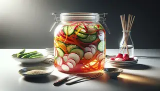 Vibrant vegan Asian-inspired pickled vegetables in a clear jar, garnished with sesame seeds, on a clean, minimalist table setting.