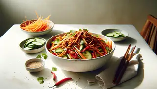 Colorful Asian-inspired vegan BBQ salad with smoked seitan and fresh vegetables, garnished with sesame seeds, served with chopsticks on a clean table.