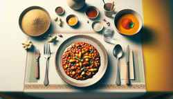 Vibrant multi-colored sauce takes center stage on a simple table, accompanied by a small serving of vegan spicy peanut stew, evoking warm African-inspired meal vibes.