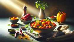 A minimalist table setting highlighting a bowl of vibrant ethnic vegan stew with red and yellow bell peppers, sweet potatoes, and fresh herbs, warmly lit for a cozy ambiance.