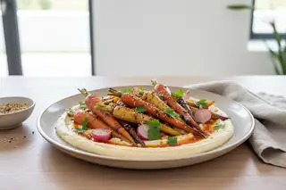 Miso-glazed root vegetables on silky cannellini cream. A vibrant plant-based East-West fusion on artisanal ceramic in soft natural light.