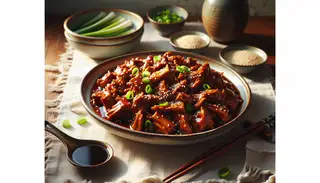 Vegan smoky hoisin jackfruit in a ceramic dish, garnished with sesame seeds and green onions, on a minimalist table setting.
