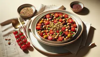 A colorful Umami Salad featuring quinoa, chickpeas, cherry tomatoes, olives, and almonds with a flavorful dressing on a clean table setting.
