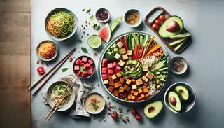 A vibrant vegan Asian fusion dinner spread with marinated tofu, fresh veggies, avocado, sweet potato, watermelon, jackfruit, and noodles.