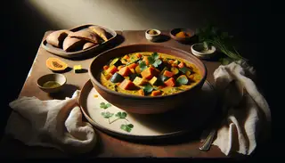 Image of a vibrant African-inspired vegan stew in a rustic bowl on a dark wood table, with injera and spices.