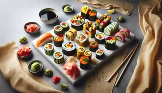 Vibrant vegan sushi rolls with avocado, mango, tempura sweet potato, and more, elegantly arranged on a minimalist table setting.