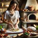 Isabella in a cozy, sunlit kitchen, tossing vegan pizza dough in a rustic setting.