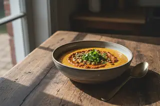 Vibrant golden millet and sweet potato pottage with harissa swirl and pumpkin seeds in a minimalist bowl on a rustic dark wood table.