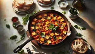 Image of vegan Tofu Shakshuka in a rustic skillet, garnished with basil and cilantro, served with crusty bread on a sunlit table.