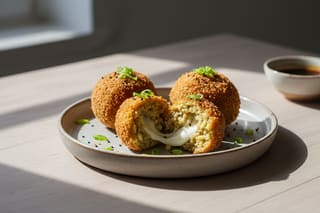 Ciao! To capture the soul of my fusion creation for everyone to see, here is the alt text:
**Golden panko-crusted miso arancini with creamy risotto and vegan cheese, topped with scallions and sesame on a minimalist ceramic plate.**